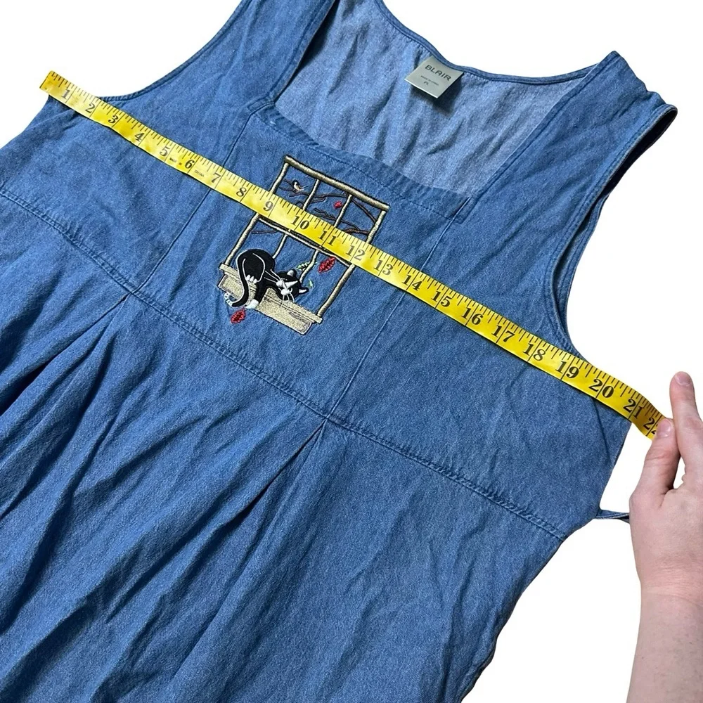 VTG y2k Denim Jumper Dress SZ PL Embroidered Cat Window Cottagecore Pinafore
